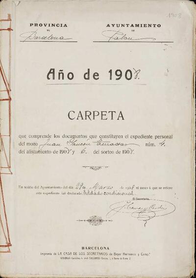 Expedient personal del mosso  Juan Samón Terradas, de la LLeva de 1908. [Documento]