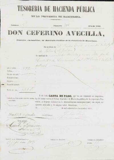 Rebuts i cartes de pagament  diferents contribucions a l'Ajuntament de Palou. [Document]