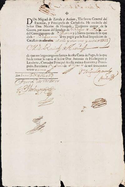 Carta de pagament del que ha de pagar Palou en concepte del cadastre de l'any 1724. [Documento]