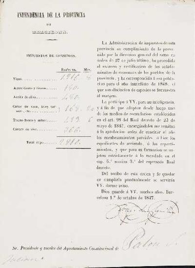 Resums dels impostos de Consums de l'Ajuntament de Palou. [Documento]