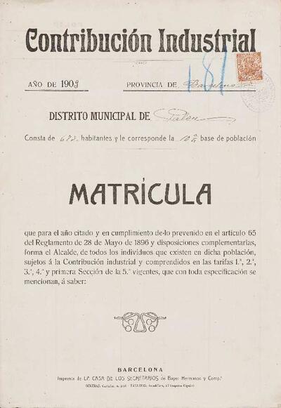 Llibreta de matrícula de la contribució industrial del poble de Palou. [Document]
