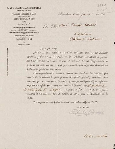 Carta del Centro Jurídico Administrativo dirigida a José Comas, secretari de Palou, on adverteixen del canvi de la seva gestió en quant a la matrícula industrial. [Documento]