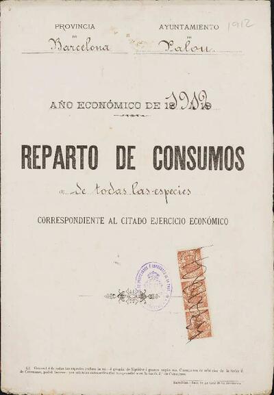 Llibreta de repartiment de l'impost de Consums de totes les espècies, de l'Ajuntament de Palou. [Document]