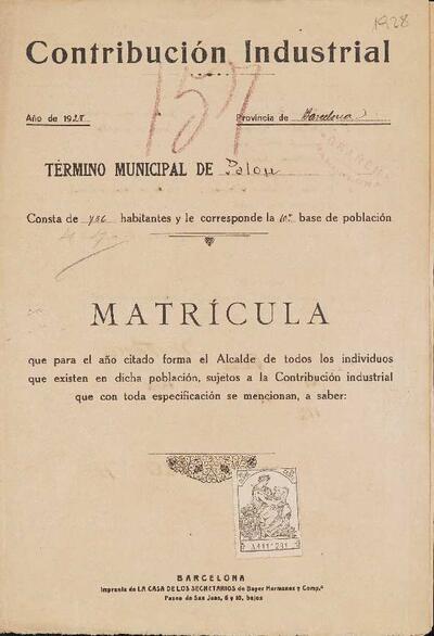 Llibreta de matrícula de la contribució industrial del poble de Palou. [Document]