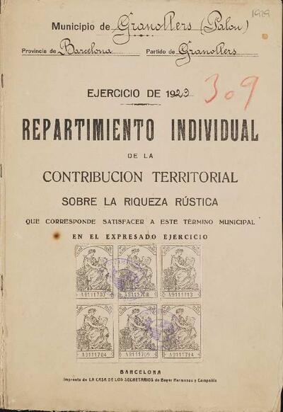 Llibreta de repartiment de les quotes de contribució territorial de Palou. [Document]