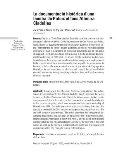 La documentació històrica d’una família de Palou: el fons Altimira Cladellas [Artículo]