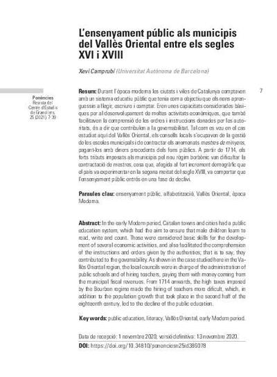 L’ensenyament públic als municipis del Vallès Oriental entre els segles XVI i XVIII [Article]