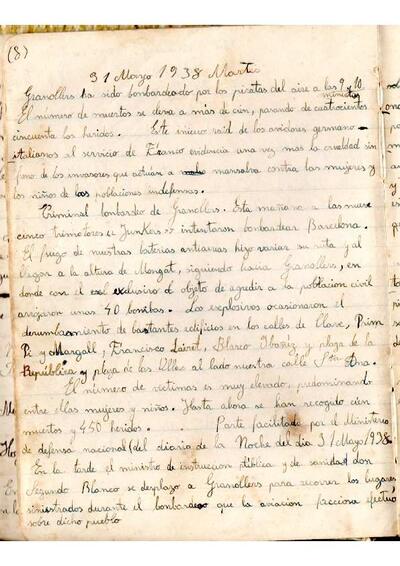 Fragment del diari personal de Rosa Buxadera Vilà, on relata les vivències del dia 31 de maig de 1938 durant el bombardeig a Granollers.
Donació Marina Castells i Marquès. [Document]