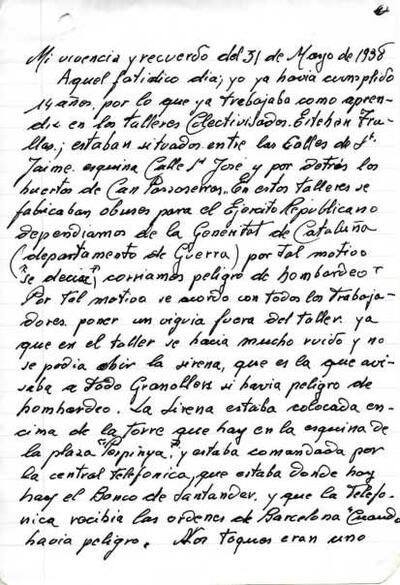 Manuscrit d'Esteve Velilla Miralpeix  que fa referència al seu record i vivència del bombardeig de Granollers del dia el 31 de maig de 1938.  [Document]