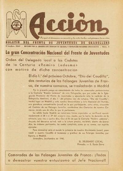 Acción. Boletín del Frente de Juventudes de Granollers, #5, 5/9/1943 [Issue]