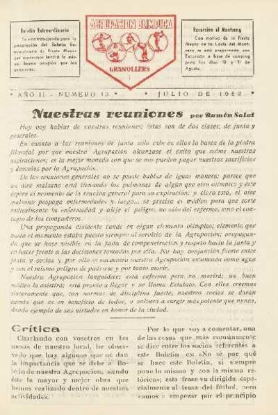 Agrupación Olímpica Granollers, n.º 13, 7/1952 [Ejemplar]