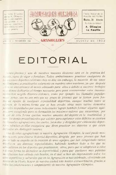 Agrupación Olímpica Granollers, n.º 14, 8/1952 [Ejemplar]
