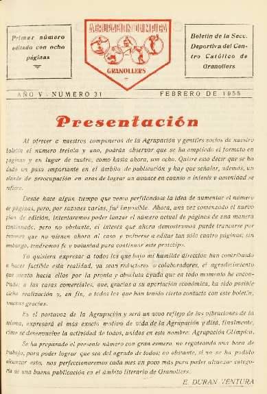 Agrupación Olímpica Granollers, n.º 31, 2/1955 [Ejemplar]