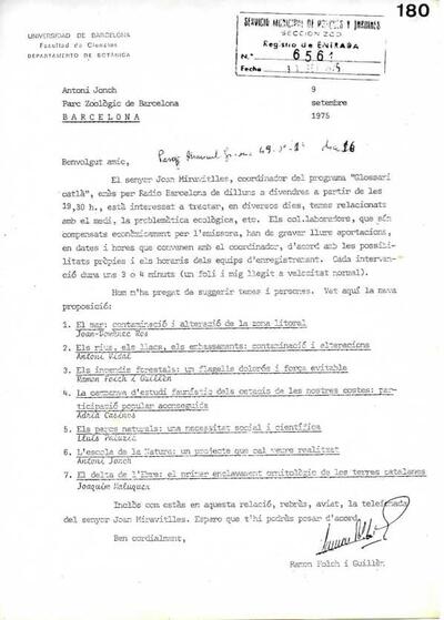Carta de Ramón Folch dirigida a Antoni Jonch relatiu a un programa de Ràdio on li suggereix temes i persones. [Document]