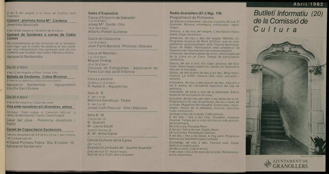 Butlletí informatiu de la Comissió de Cultura de l'Ajuntament de Granollers, #20, 4/1982 [Issue]