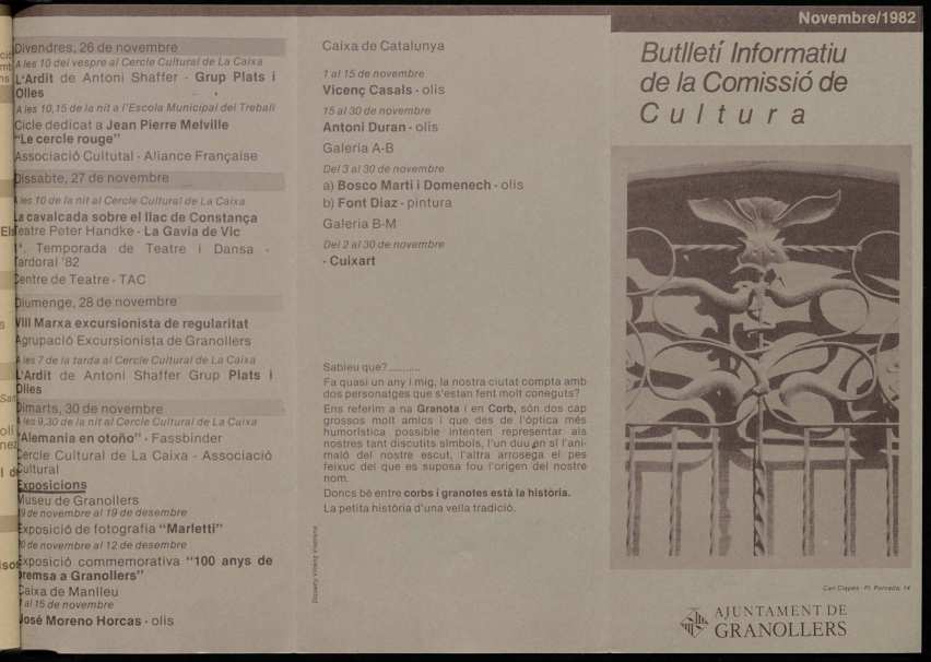 Butlletí informatiu de la Comissió de Cultura de l'Ajuntament de Granollers, 11/1982 [Exemplar]