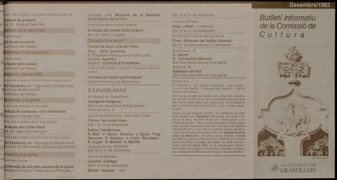 Butlletí informatiu de la Comissió de Cultura de l'Ajuntament de Granollers, 12/1982 [Exemplar]