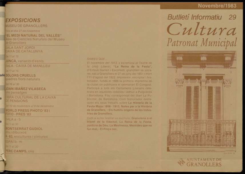 Butlletí informatiu de la Comissió de Cultura de l'Ajuntament de Granollers, núm. 29, 11/1983 [Exemplar]