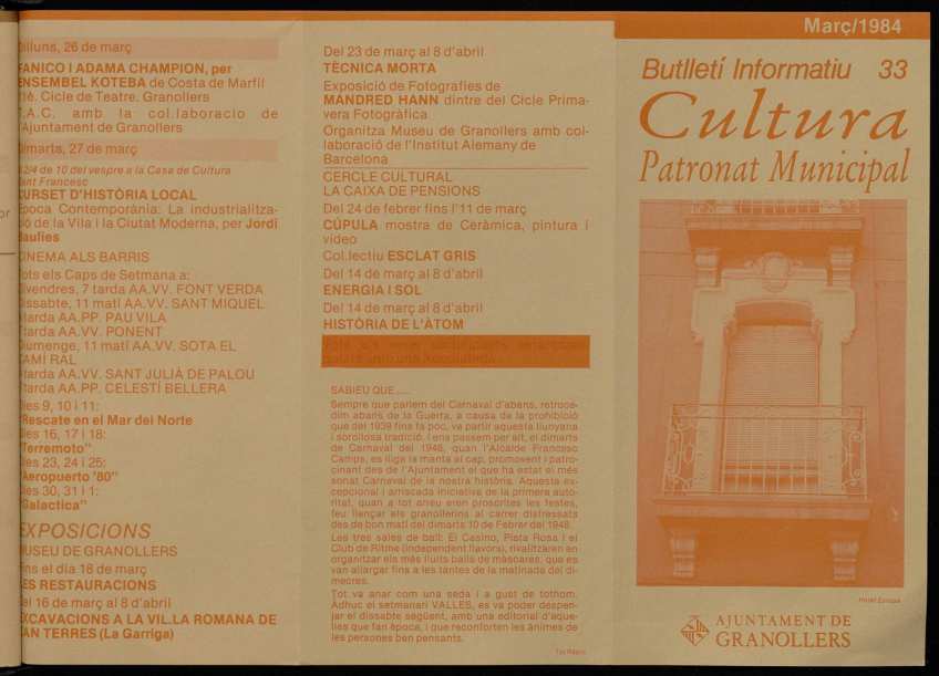 Butlletí informatiu de la Comissió de Cultura de l'Ajuntament de Granollers, núm. 33, 3/1984 [Exemplar]