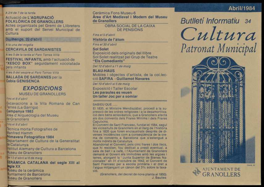 Butlletí informatiu de la Comissió de Cultura de l'Ajuntament de Granollers, #34, 4/1984 [Issue]