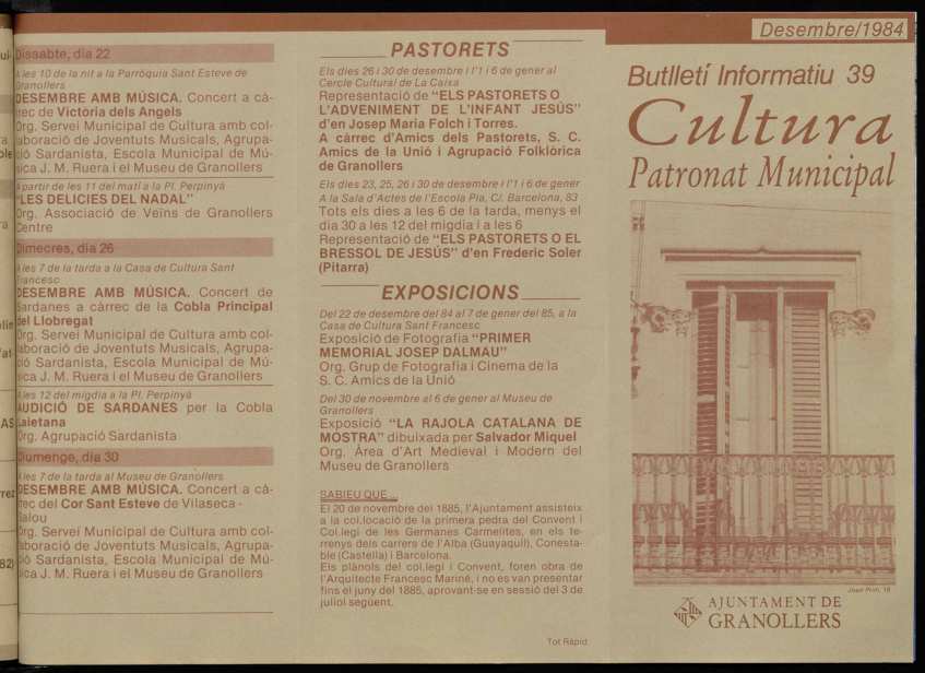 Butlletí informatiu de la Comissió de Cultura de l'Ajuntament de Granollers, núm. 39, 12/1984 [Exemplar]