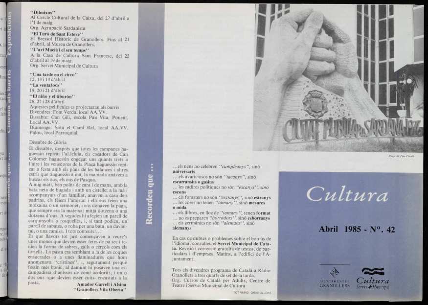 Butlletí informatiu de la Comissió de Cultura de l'Ajuntament de Granollers, núm. 42, 4/1985 [Exemplar]