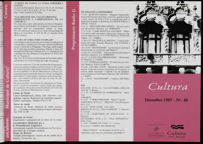 Butlletí informatiu de la Comissió de Cultura de l'Ajuntament de Granollers, #48, 12/1985 [Issue]