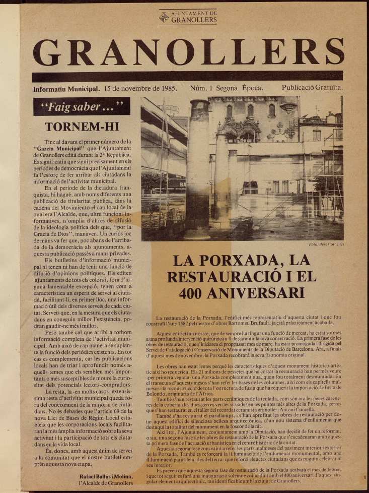 Granollers informatiu. Butlletí de l'Ajuntament de Granollers, #1, 15/11/1985 [Issue]