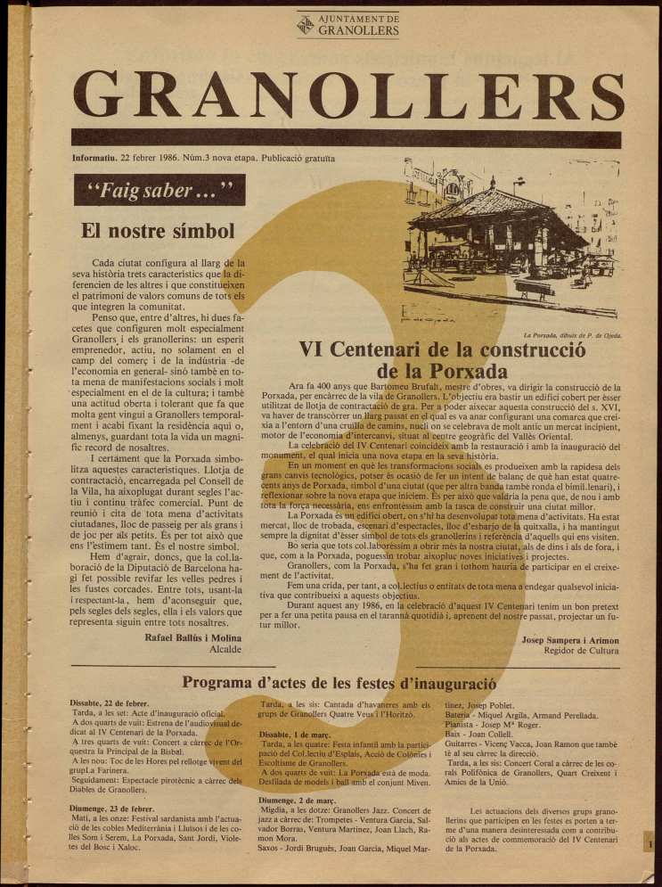 Granollers informatiu. Butlletí de l'Ajuntament de Granollers, #3, 22/2/1986 [Issue]