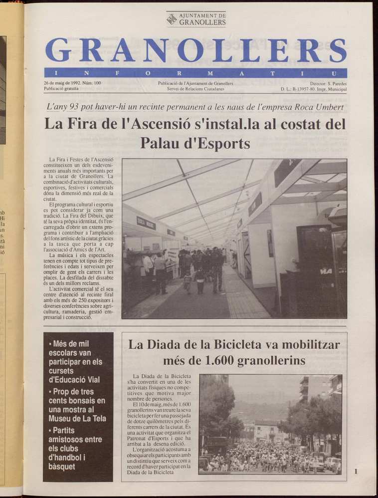 Granollers informatiu. Butlletí de l'Ajuntament de Granollers, #100, 26/5/1992 [Issue]