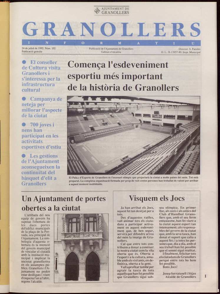 Granollers informatiu. Butlletí de l'Ajuntament de Granollers, #102, 24/7/1992 [Issue]