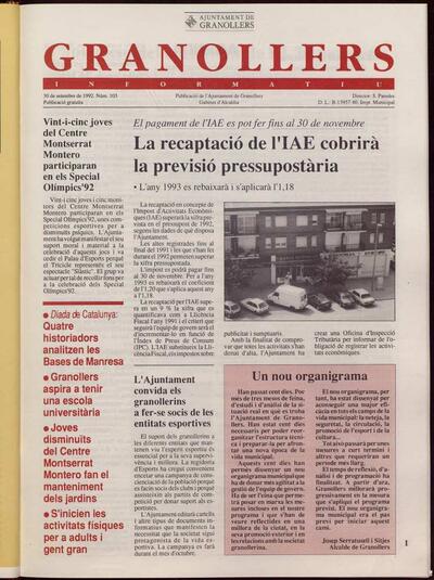 Granollers informatiu. Butlletí de l'Ajuntament de Granollers, #103, 30/9/1992 [Issue]