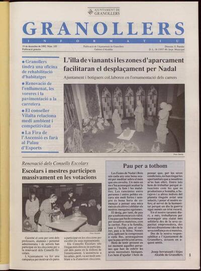 Granollers informatiu. Butlletí de l'Ajuntament de Granollers, #105, 19/12/1992 [Issue]