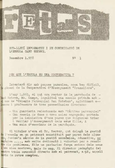 Retalls. Butlletí informatiu i de comunicació de l'Escola Sant Esteve, n.º 1, 12/1978 [Ejemplar]