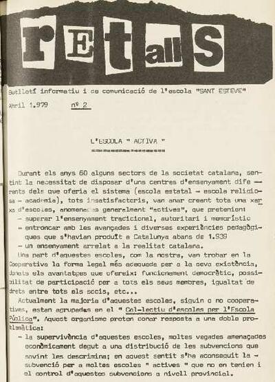 Retalls. Butlletí informatiu i de comunicació de l'Escola Sant Esteve, #2, 4/1979 [Issue]