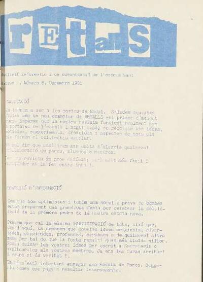 Retalls. Butlletí informatiu i de comunicació de l'Escola Sant Esteve, n.º 8, 12/1981 [Ejemplar]