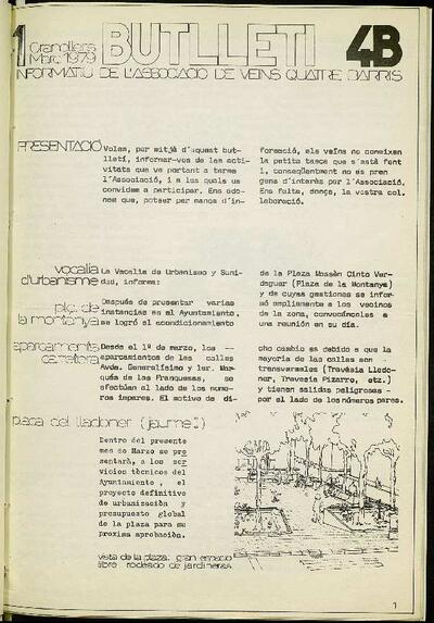 Butlletí Informatiu de l'Associació de Veïns Quatre Barris 4B, núm. 1, 1/3/1979 [Exemplar]
