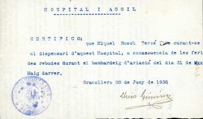Certificat de l'Hospital Asil de Granollers on s'acredita que Miquel Bosch Tercé ha sortit de l'hospital el 20 de juny després d'estar ingressat per les ferides rebudes per el bombardeigs de 31 de maig de 1938. [Document]