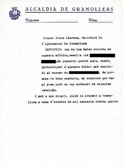 Certificat de l'Alcaldia de la ciutat , on fa referència a la bona conducta d'una persona i que no va prendre part de cap moviment revoltós. 11 d'octubre [Document]