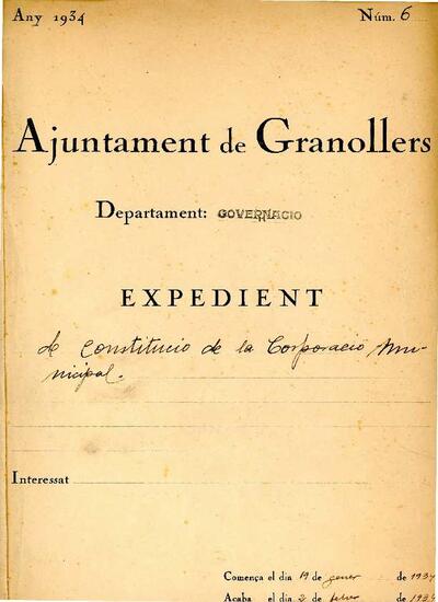 Expedient de constitució de la Corporació municipal. Acta d'escrutini i credencials dels consellers electes a les eleccions municipals del 18 de gener de 1934 i acta de constitució de la Corporació municipal del 2 de febrer de 1934. [Document]